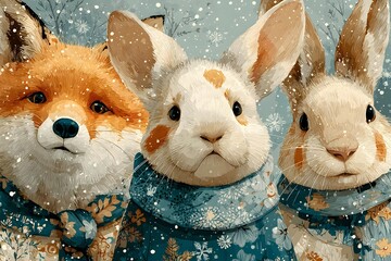 Whimsical Fox and Rabbit Animal Friends in a Festive Winter Wonderland Scene with Cozy Hats and Colorful Scarves