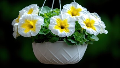 A hanging planter overflowing with white and yellow petunias adds a touch of springtime charm to any space