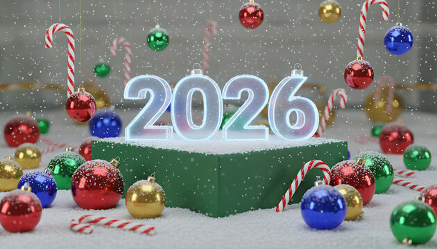 Celebrate New Year 2026 with festive holiday ornaments and falling snow
