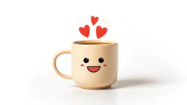 Cute coffee mug with happy face and hearts isolated on white background motion animated video