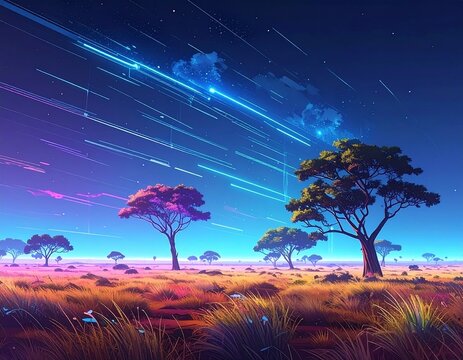 Vibrant alien savanna landscape with glowing sky and majestic trees