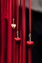 Red heart-shaped decorations hanging on red ribbons against black background  