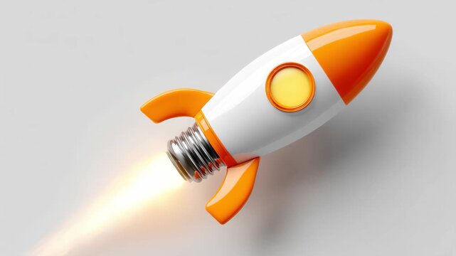 Colorful rocket toy launching with bright flames from its base on a plain background