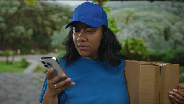 Delivery courier woman in blue cap and t shirt holds smartphone and package on suburban street lined with trees; frustration.