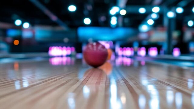 Orange bowling ball on polished wooden lane with blurred blue and pink background lights