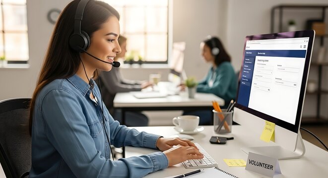 Young Woman Wearing Headset Using Computer in Modern Office - Powered by Adobe