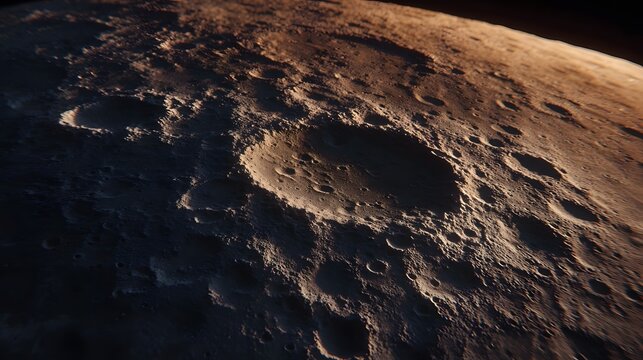 Close up of the Moon s cratered surface illuminated by low sunlight revealing rugged topography and dramatic shadows