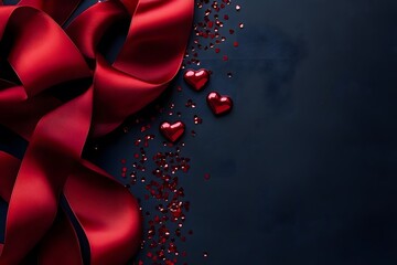 Red ribbon with heart shapes and glitter on dark background  