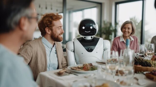 Futuristic domestic robot with artificial intelligence sitting at the dining table with a multi generational family, celebrating together, eating, and interacting during a festive meal at home