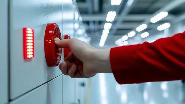 Hand in a red sleeve pressing a red emergency stop button on a control panel