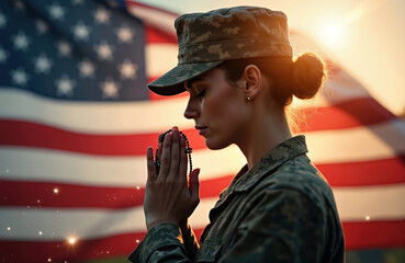 Obraz premium Female soldier prays holding rosary against national USA flag. Woman in military uniform shows respect, faith, patriotism on memorial day, veterans day. American troop remembers fallen heroes.