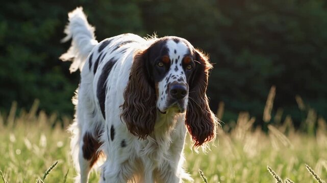 A low-angle video captures a dog in a sunlit meadow, highlighting its fur and playful stance against a lush, green forest backdrop.