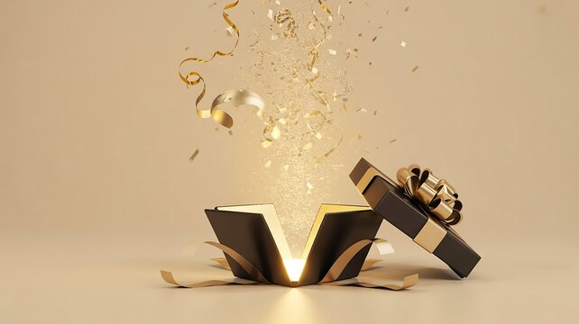 Black gift box open with gold confetti and ribbons exploding upwards image
