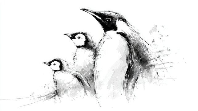 Black and white line vector of a penguin family, drawn with gentle black contours over white background. Symbolizes unity, warmth, and love. Perfect for educational wildlife posters and eco branding.