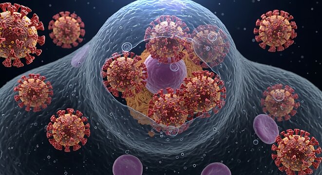 Microscopic view of virus particles infecting a human cell.