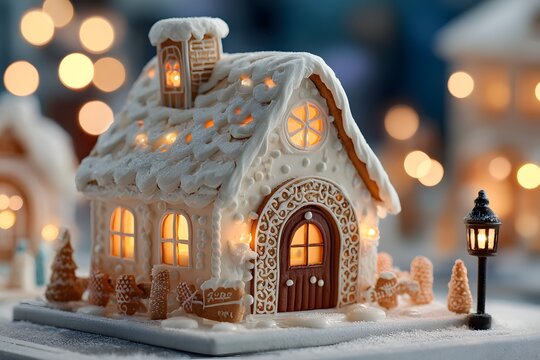 Enchanting Gingerbread House in Winter Wonderland: Illuminated Windows and Festive Decor