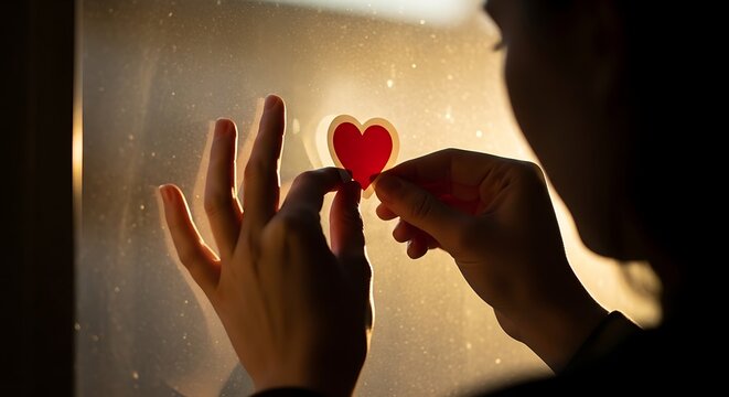 Silhouette Person Holding Red Heart Sticker on Glass Window in Warm Light