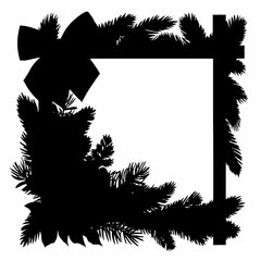 Black and white symbol of decoration card frame with red ribbon band and fir tree branches isolated a transparent for festival
