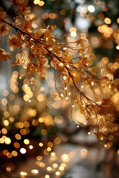Enchanting Bokeh Lights and Decorative Branches with Autumn Hues: Capturing the Dreamy Atmosphere of Glowing Foliage and Delicate Flowers in Festive Ambiance