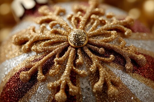Golden Snowflake Ornament: Macro Photography of Festive Holiday Decorations with Glistening Embellishments and Elegant Craftsmanship