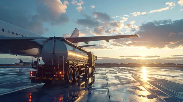 Industrial Fuel Truck Refueling an Aircraft Wing at Sunset on the Tarmac