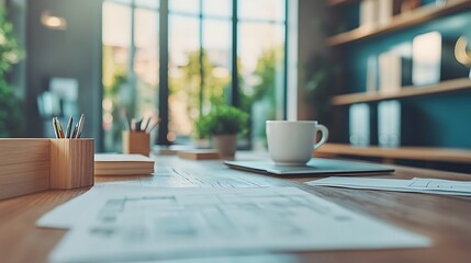Cozy workspace with coffee with papers  greenery.