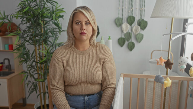Woman in sweater gazing at crib with hanging mobile and potted plant in bedroom; maternal anxiety reflection. - Powered by Adobe