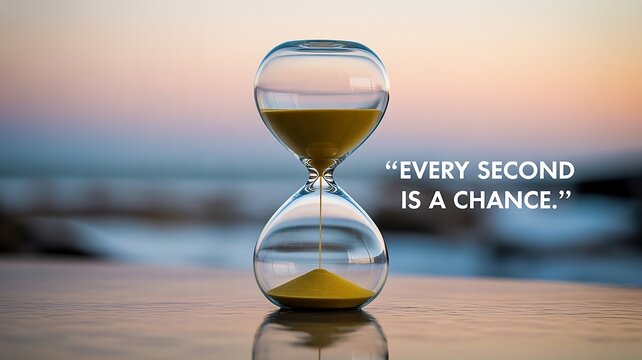 Glass hourglass with yellow sand falling against a blurred ocean sunset background with inspirational quote