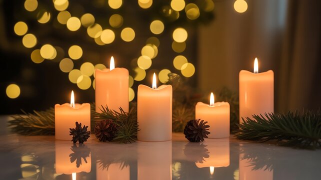 Five lit pillar candles with pine branches and pinecones on a reflective surface with bokeh lights burning