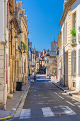 Street in Dijon city historical centre with old typical houses medieval buildings, Dijon old town in sunny summer day, vertical view, Bourgogne-Franche-Comte region, France