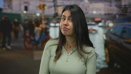 Fototapeta premium Young hispanic woman stands confidently on a vibrant city street at night surrounded by blurred motion and bright lights capturing an energetic urban atmosphere.