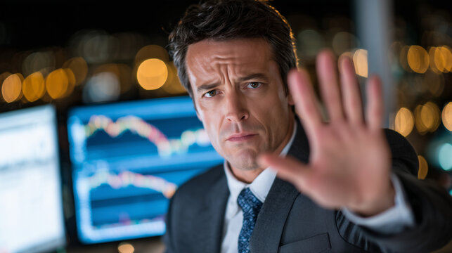 Close-up of a professional man in a suit showing stop gesture, visible stress on his face, computer screens with financial charts glowing in the background