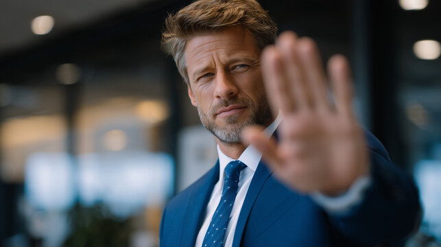 Frustrated man in tailored suit, hand in front of lens in stop motion, elegant modern office interior blurred behind, cinematic lighting emphasizing pressure and exhaustion