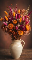 Vibrant Dried Flower Bouquet in Rustic Vase on Wooden Table.