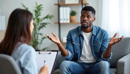 Fototapeta premium Young black man talks with therapist in cozy office. Patient gestures express confusion and frustration during mental health consultation. Counselor listens attentively taking notes.
