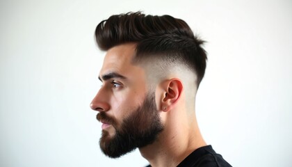 Bearded man has haircut with smooth gradient fade on sides and back. Short hairstyle with volume on top, trendy men grooming concept. Clean profile.