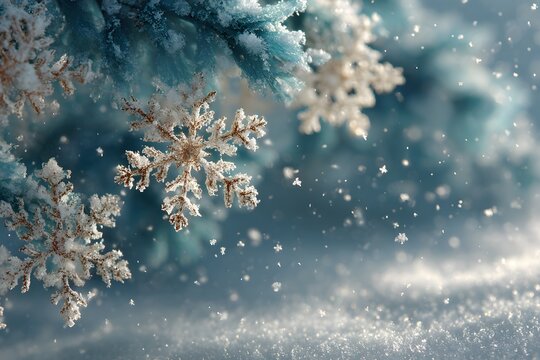 Exquisite Winter Wonderland: Enchanted Snowfall, Sparkling Crystals, and Turquoise Hues in a Cinematic Winter Scene Featuring Delicate Beauty, Serene Landscape, and Icy Enchantment