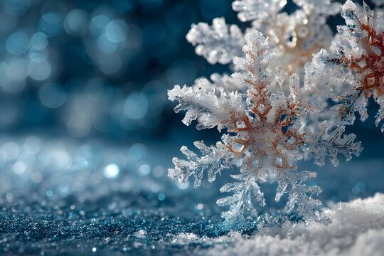 Exquisite Macro Photography of Snowflake: Icy Wonder and Frosted Elegance in Nature's Winter Wonderland with Sparkling Snowflakes and Delicate Crystals on a Blue Background