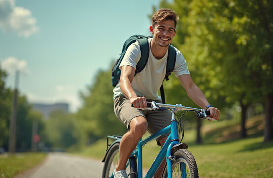 Young man rides blue bicycle with backpack on paved path. Happy guy smiles wearing casual clothes in park. Sunny day green transportation active lifestyle.