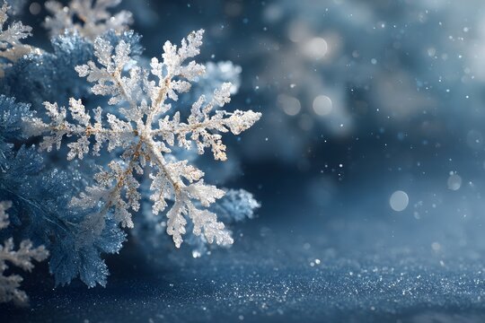 Macro Photography of Mystical Snowflakes: Capturing the Beautiful Winter Wonderland and Delicate Frost with Nature's Artistry in Soft Blue Tones and a Sparkling Background