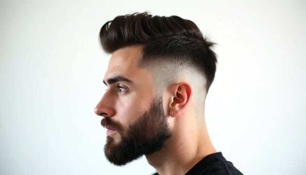 Bearded man has haircut with smooth gradient fade on sides and back. Short hairstyle with volume on top, trendy men grooming concept. Clean profile. - Powered by Adobe
