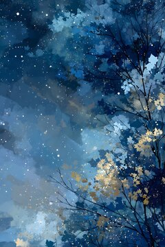 Dreamlike Ambiance: Enchanted Night Sky with Twinkling Stars and Mystical Forest in Impressionistic Abstract Landscape Painting