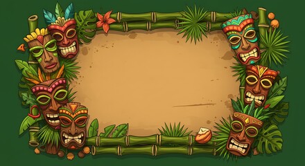 Tiki Masks and Bamboo Frame with Blank Parchment for Tropical Design.