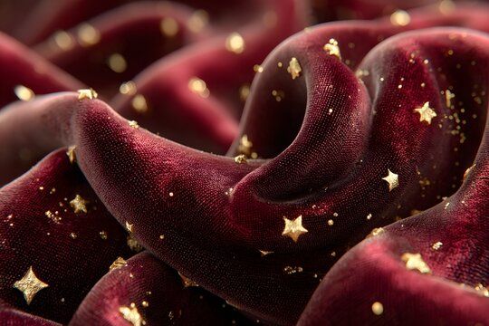 Rich Red Velvet Textured Fabric with Shimmering Stars: A Luxurious, Opulent Design for Decorative Backdrops and Festive Decor