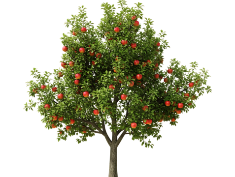 A vibrant apple tree laden with ripe red apples, isolated on transparent background, showcasing natures bounty and the promise of harvest - Powered by Adobe