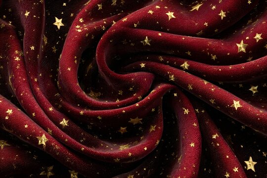 Luxurious Rich Red Velvet Fabric: Starry Metallic Gold Pattern with Smooth Texture and Satin Sheen for Classic Elegance and Festive Textile Artistry