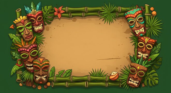 Tiki Masks and Bamboo Frame with Blank Parchment for Tropical Design.