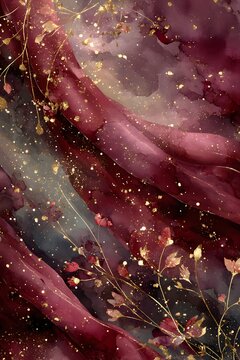 Ethereal Abstract Art with Fluid Movement: Golden Accents and Burgundy Tones in a Botanical, Nature-Inspired Design