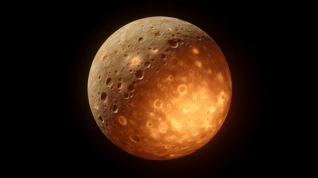 A glowing cratered celestial body shines with warm light against the blackness of space