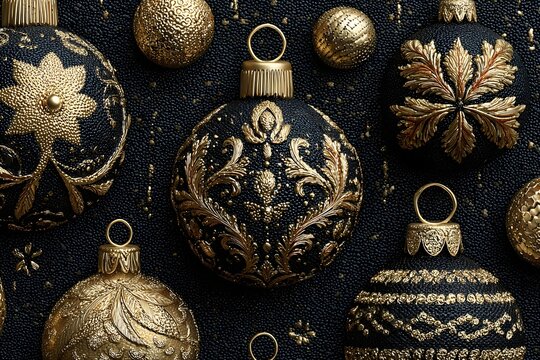 Elegant Metallic Gold Christmas Ornaments: Exquisite Vintage Style Decor on Black Background for a Festive Atmosphere with Rich Textures and Artistic Crafts